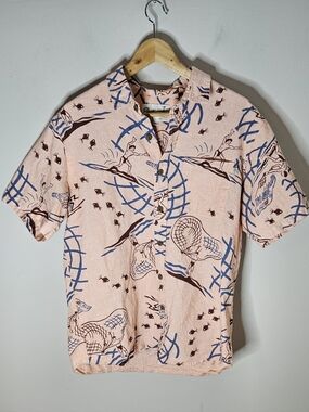 Roberta Oaks Net Fisher Aloha Shirt Men's Peach Blue Linen Cotton XL